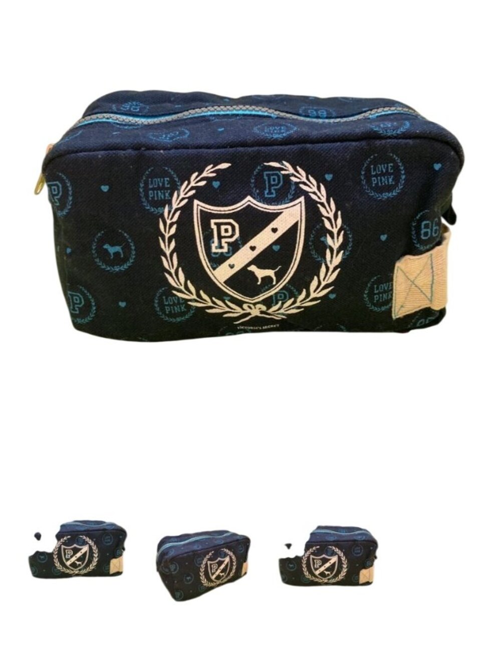 New Vtg PINK Victorias Secret Blue University Crest Logo Travel Cosmetic  Bag